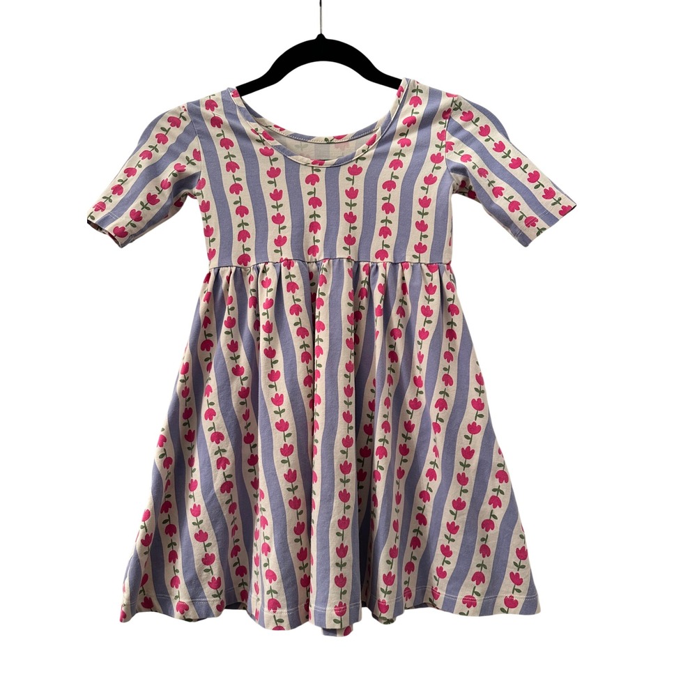 Hanna Andersson Girls Size 5 110cm Blue Pink Tulip Stripe Skater Pocket Dress